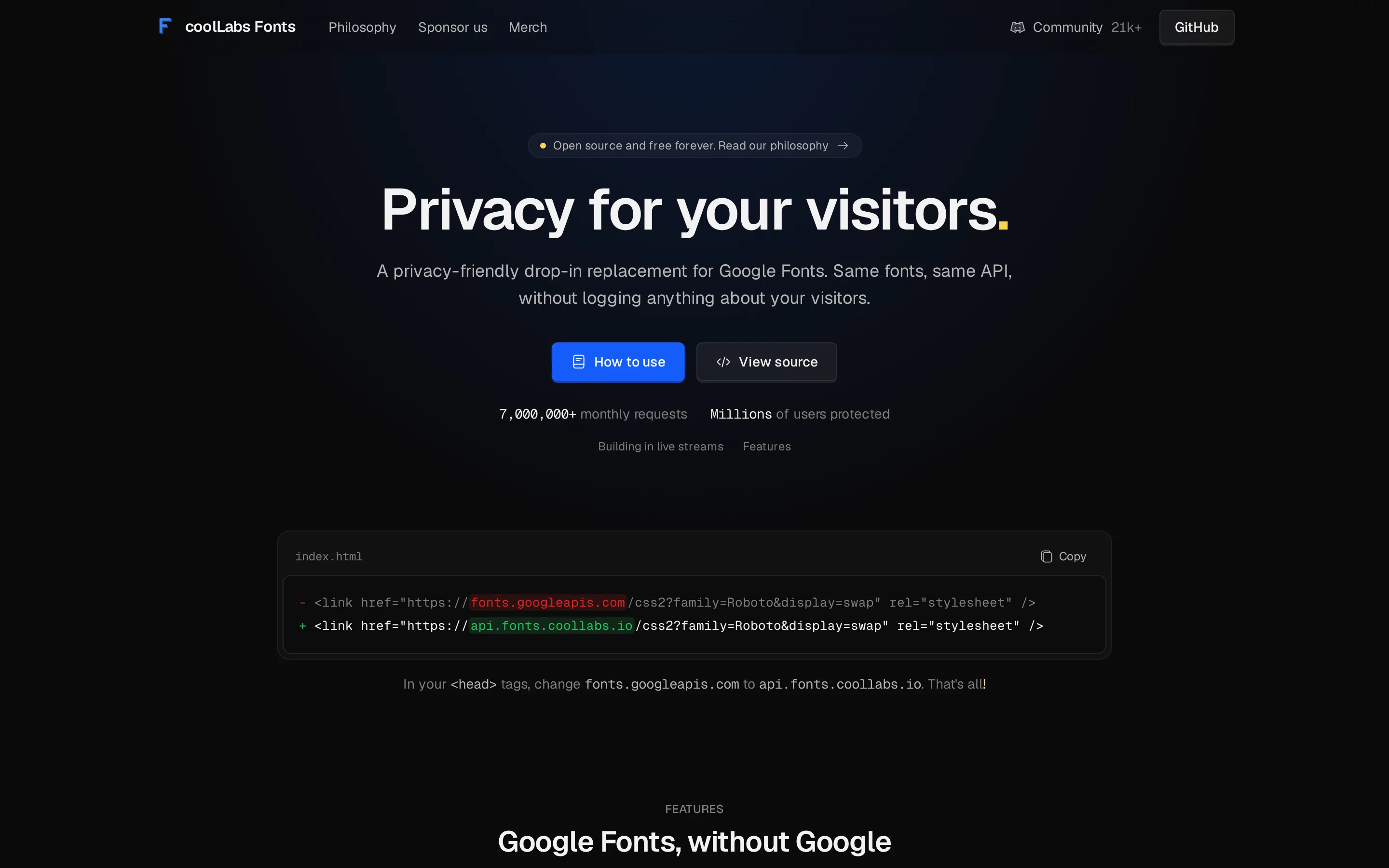 coolLabs Fonts homepage with a code diff that replaces fonts.googleapis.com with api.fonts.coollabs.io