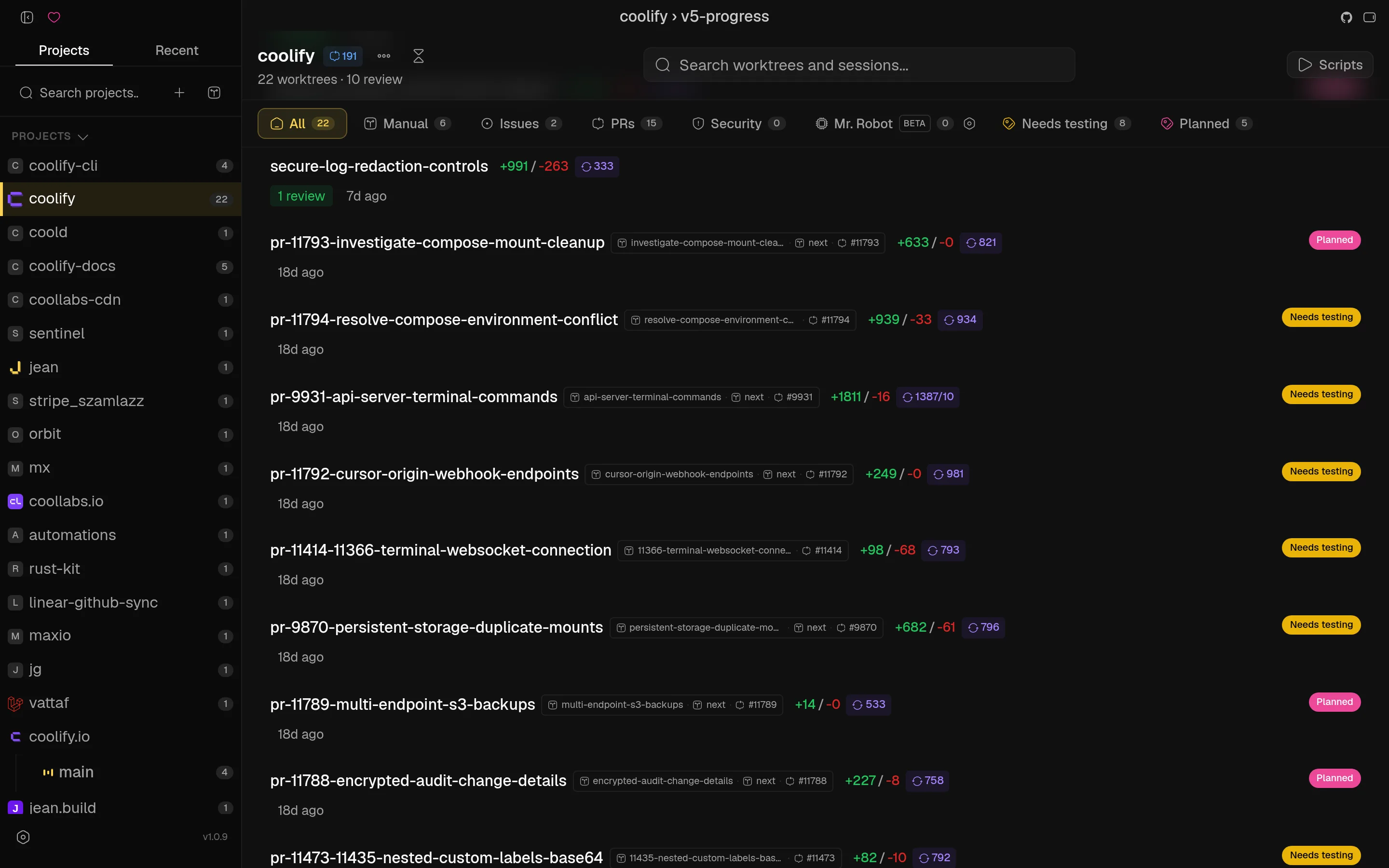 Jean project view listing worktrees with linked pull requests, diff stats and labels