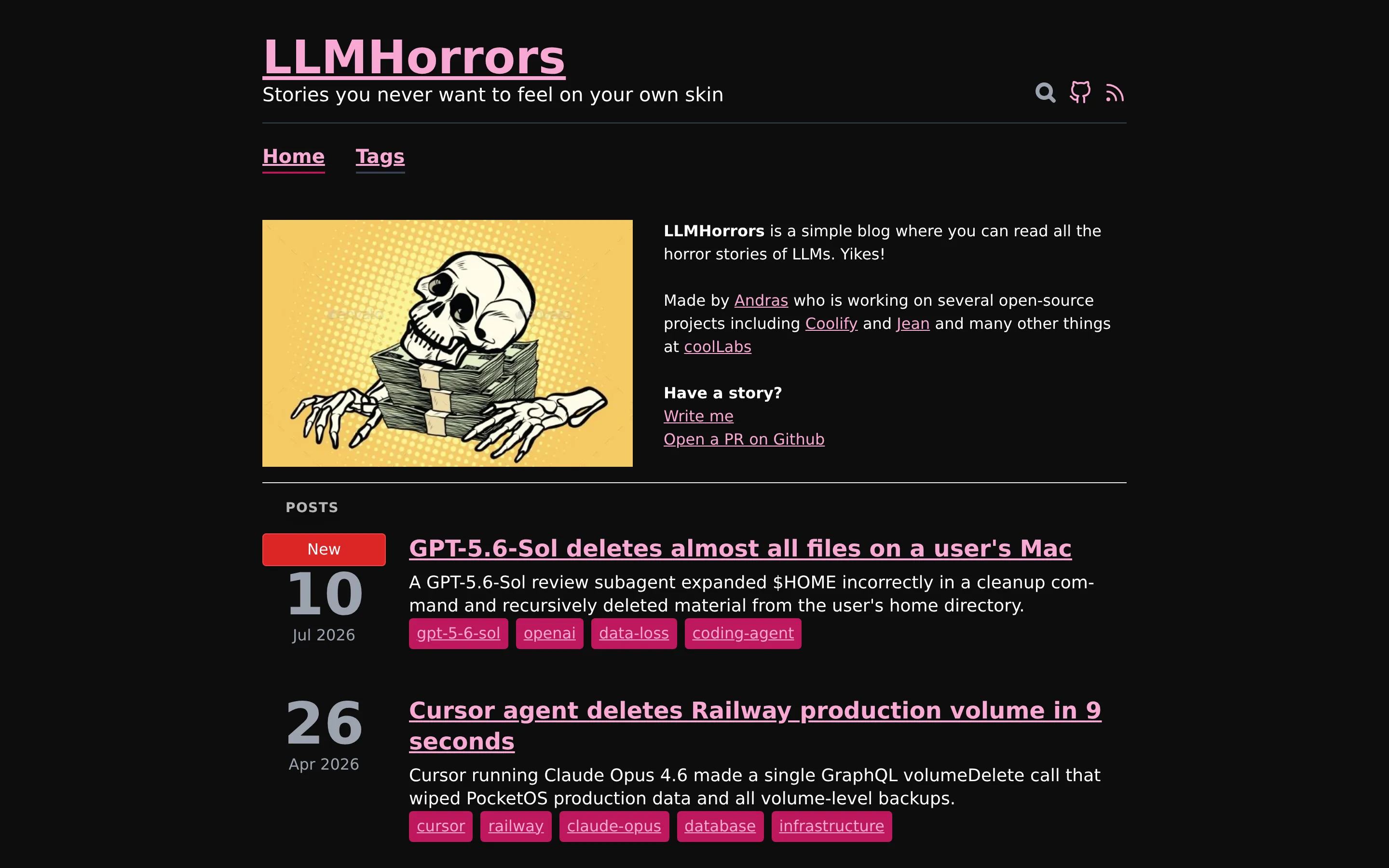 LLM Horrors blog with a list of posts about coding agents that deleted data