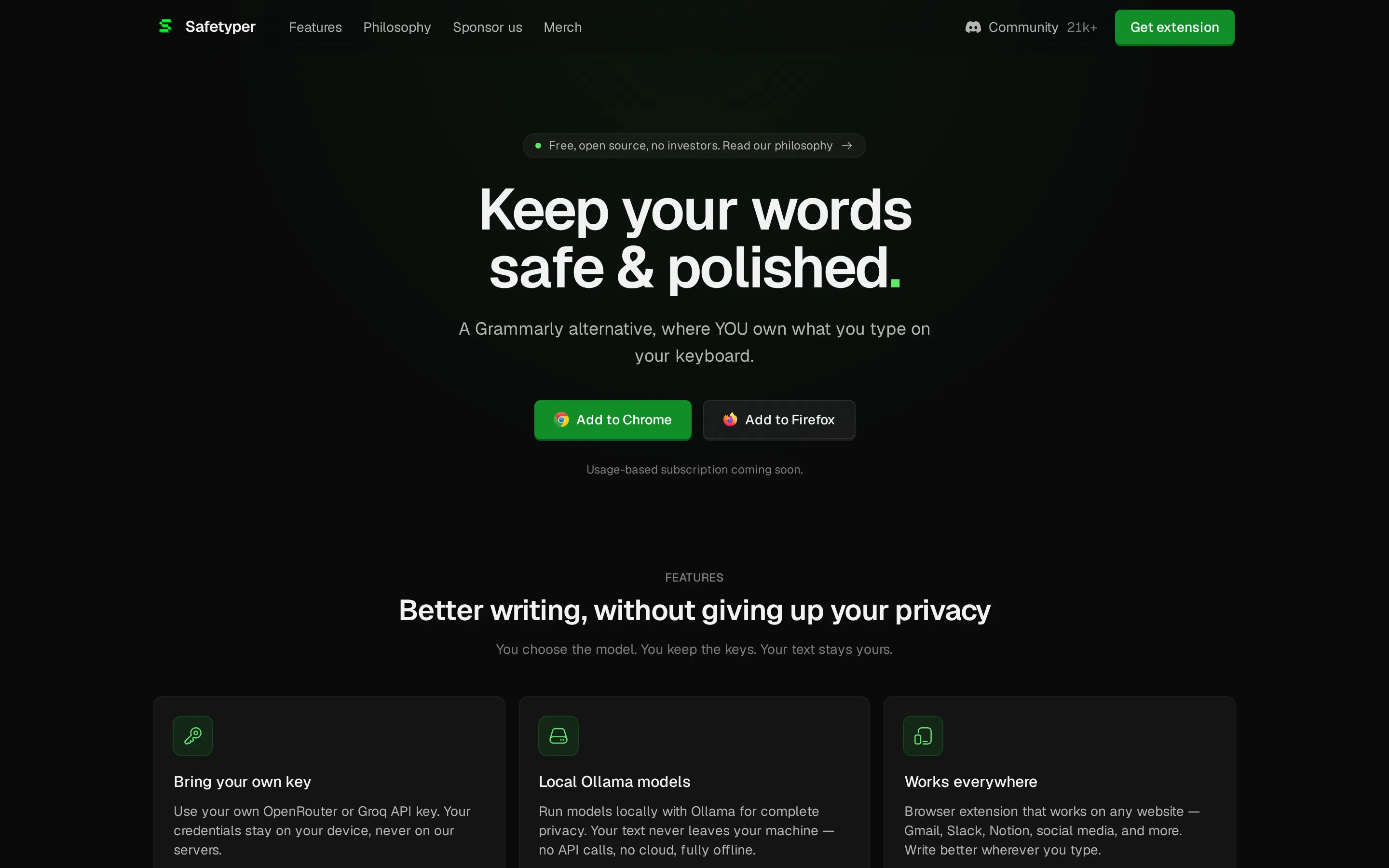 Safetyper homepage with Add to Chrome and Add to Firefox buttons