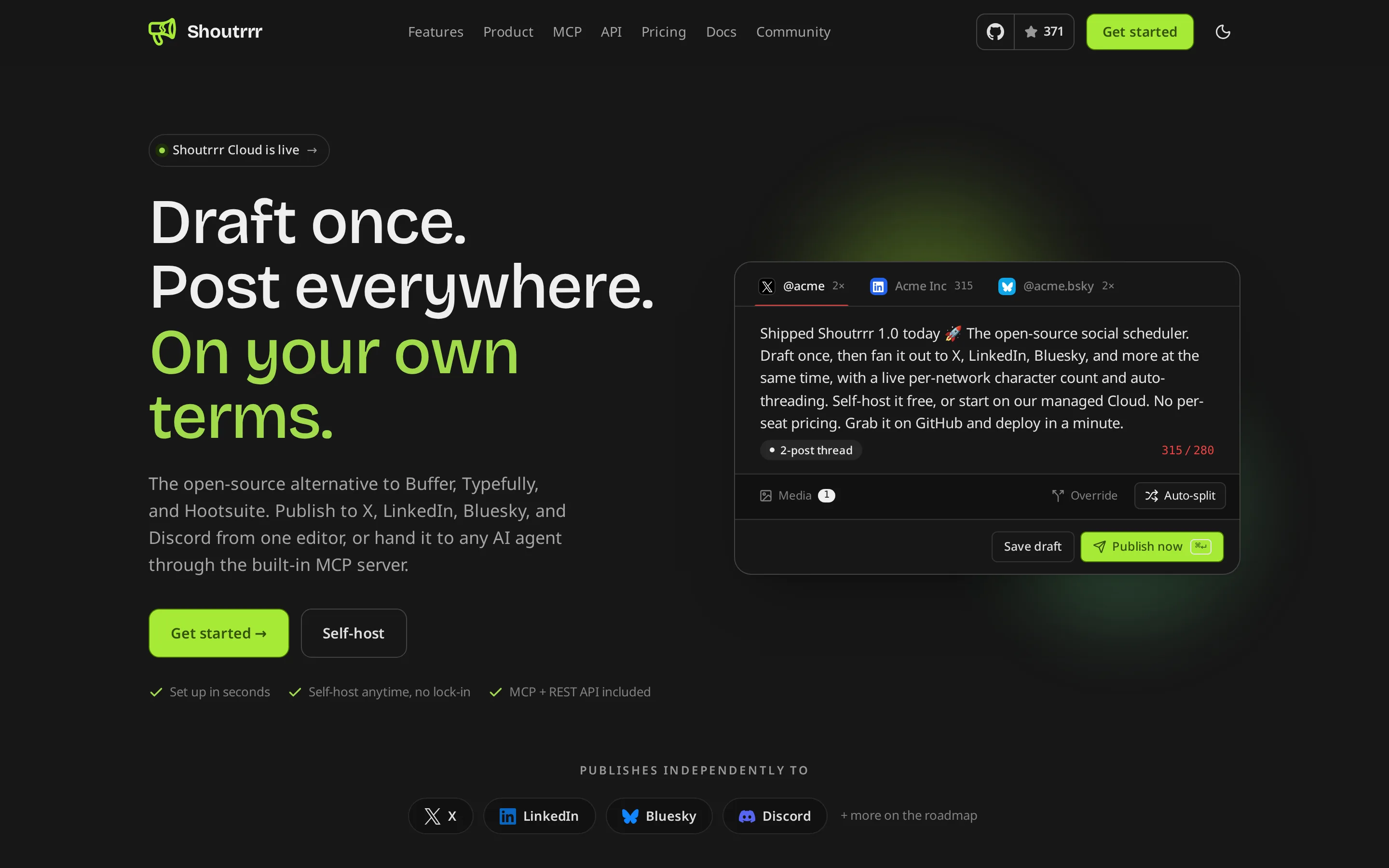Shoutrrr homepage with the post editor and per-network character counts